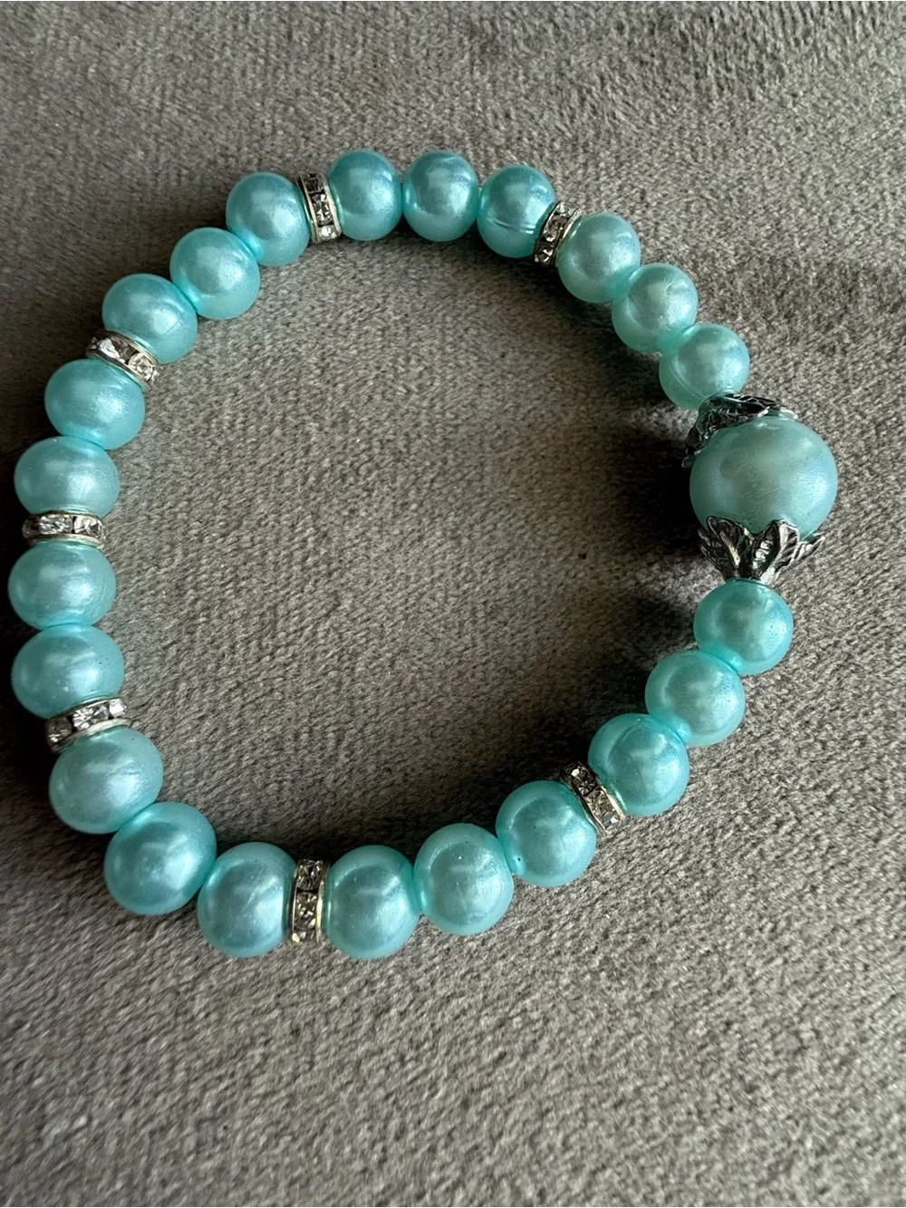 Turquoise Beaded Stretch Bracelet with Gold Accents and Cross Charm